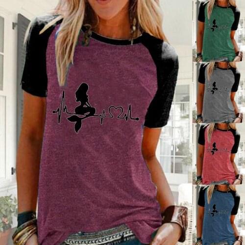 Summer Womens mermaid Printed Short Sleeve Tops Ladies Round Neck Casual Shirts Plus Size T-shirt Blouse S-5XL