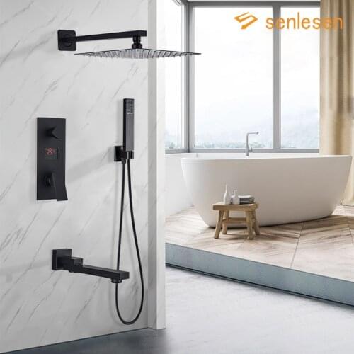 Senlesen Matte Black Shower Set Rain Shower Faucet System Concealed Brass Faucet Mixer Water 8-16" Head Wall Arm Kit