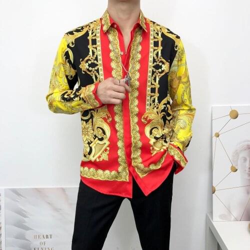 Baroque Royal Yellow Shirt Men Fashionable Gold Flower Shirt Men Top 2020 Luxury Designer Long-sleeved Party Prom Club Shirt