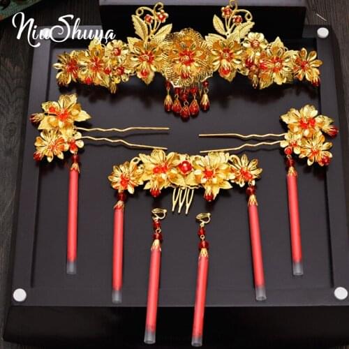 NiuShuya Traditional Chinese Style Red Flower Long Tassel Hair Ornament Vintage Bridal Headdress Wedding Hairpin Hair Accessory