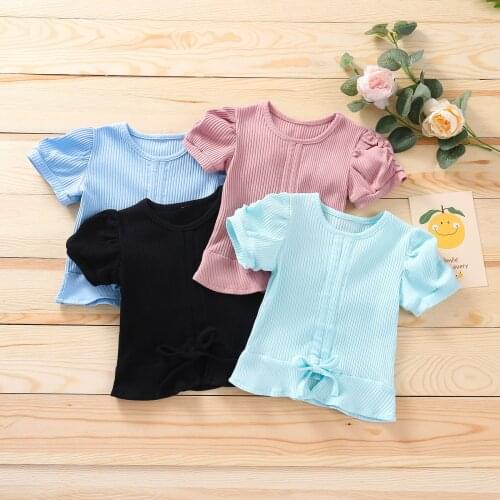 Toddler Kids Baby Girls Clothes Solid Summer Ribbed Bandage T Shirt Fashion Baby Outfits Casual Girl Clothing 1 2 3 4 5 Years