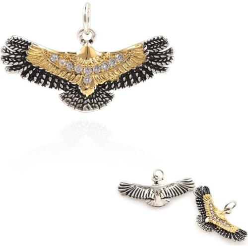 Micropavé Diamond Eagle Pendant, Gold Carving Bracelet, DIY Animal Jewelry Making Supplies, Animal Charm 17x27.3x2.2mm
