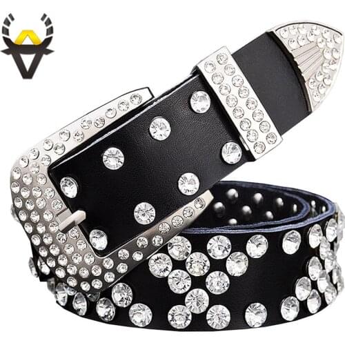 Fashion rhinestone genuine leather belt for men Designer luxury belts for women Quality cow skin unisex waist strap Width 3.3 cm