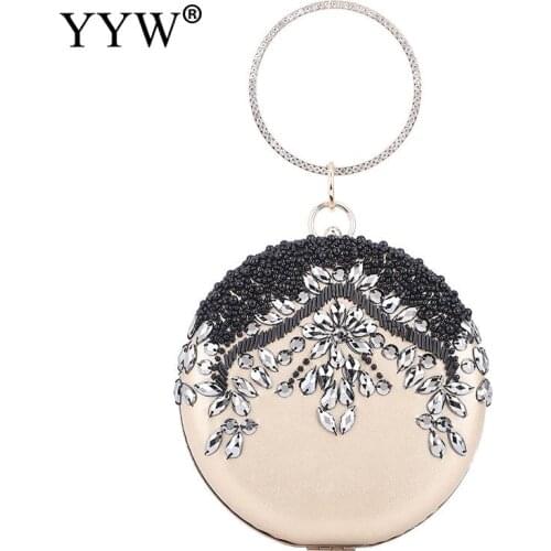 Luxury Women Party Wedding Beading Round Evening Bags Vintage Diamond Crystal Flower Black White Day Clutches With Gold Chain