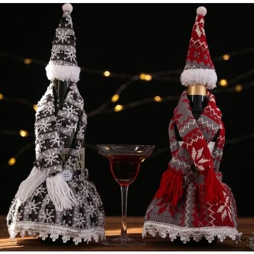 2 Pcs Xmas Wine Bottle Cover Knitted Scarf Hat Skirt Bottle Cover Set Merry Christmas Santa Decoration Festival Party Decor