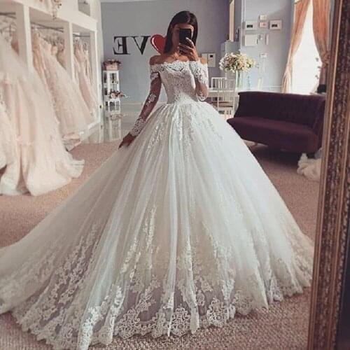 Vestido De Noiva Elegant Ivory Lace Appliques Wedding Dresses Long Sleeve Boat Neck Corset Back Ball Gown Bridal Robe De Mariee
