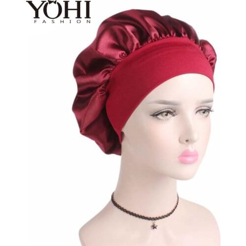 YOHITOP New fashion Luxury Wide Band women chemo cap Beauty Salon Cap Night Sleep Cap Head Cover Satin Bonnet Hat Free shipping