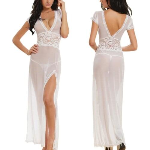 Women Sexy long dressing night gown sheer transparent dress evening nightgown nightie sleepwear lingerie