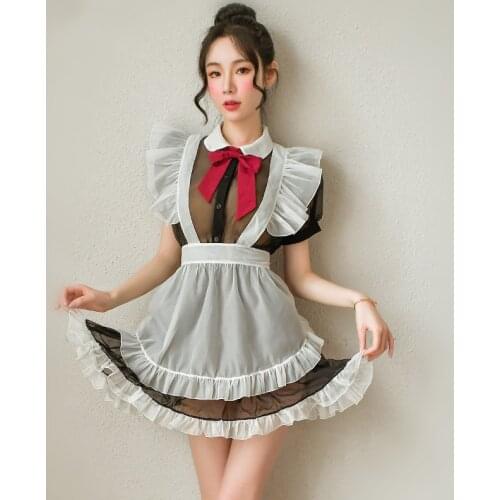 Women Sexy Lace Bowknot French Maid Apron Dress Black Cooking Cleaning Bar Work Waitress Lady Girl Uniform Costume Apron Adult