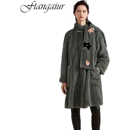 Ftangaiur 2021 Winter Import Velvet Mink Coat Maple leaf with scarf Slim Mink Coat Women Medium Real Natural Mink Fur Coats