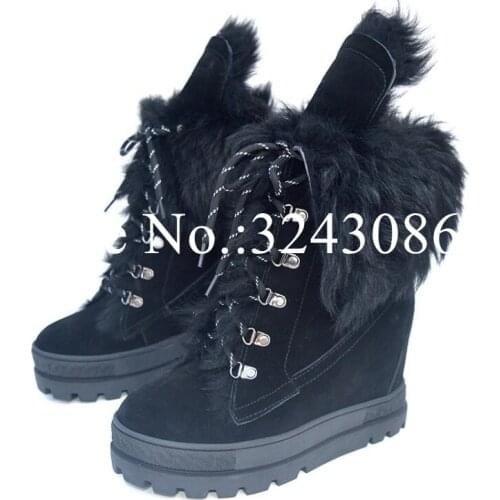 Winter Fur Woman Snow Boots Fashion Black 8cm Incresing Wedge Heel Ankle Boots Lady Comfortable Platform Casual Boots Dropship