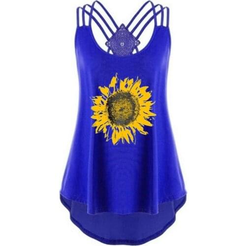 2020 Camisole Tank Tops Womens Print Blouse Vest Sleeveless Sunflower Print Backless High Low Hem Camisole Sexy Plus Size Tops