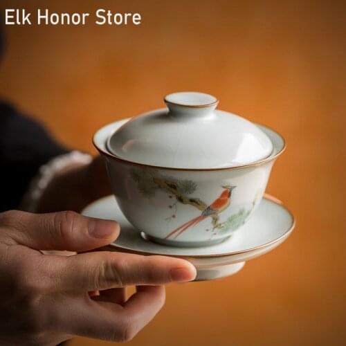 160ml Ru Kiln Gracked Glaze Sancai Tureen Master Cups Hand Painted Flowers And Bird Gaiwan Da Hong Pao Teaware Office Decoration