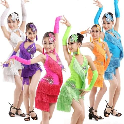 Childrens Latin Dance Dress 4 PCS Dress+Neckerchief+Earring+Headwear Performance Spandex Wear Child Latin Dance Dresses 18