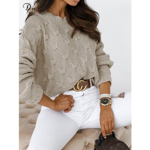 DICLOUD Woman Pullovers Round Neck Long Sleeve Plaid Loose Fit Autumn New Sweater Ladies High Street Solid Knitted Jumpers 2021
