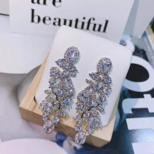 Long Luxury Flower Drop Earring Geometry Cubic Zironium Engagement Dubai Naija Bridal Earrings Wedding Jewelry Addiction E7800