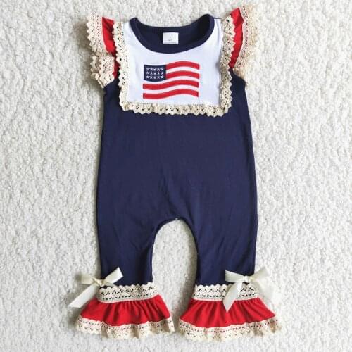 Newborn july 4th design long romper with flapping sleeves, lace navy blue solid color batch of romper girls boutique clothing