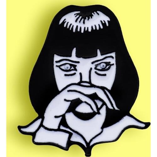 GODDAMN Mia Wallace Enamel pin Brooches Classic Movie Character Girl Mia Wallace Brooch Black White Lapel pins for Women Jewelry