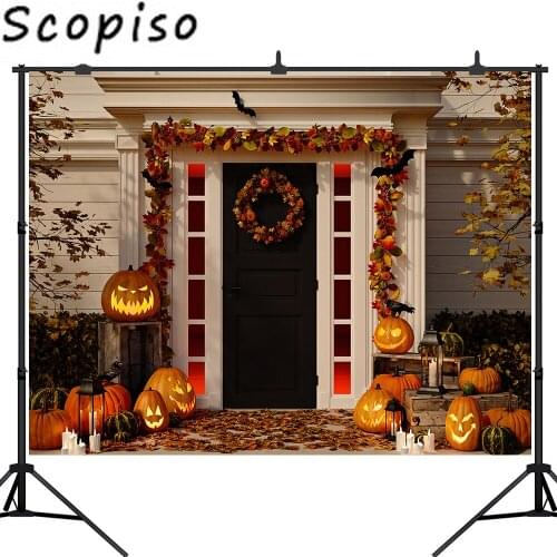 Scopiso Background for Photo Studio Halloween Pumpkin Decoration Door Leaves Candles Photography Backdrop Studio Prop