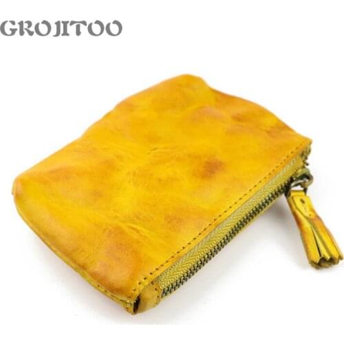 GROJITOO 2020 New Womens Tassel First Layer Vegetable Tanned Cowhide Coin Purse Simple Washed Cowhide Storage Bag Coin Purse