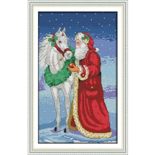 JoySunday Cross Stitch Christmas Old Man and The Horse Stamped 14CT 11CT Counted Cross Stitch Kit Handmade Embroidery Needlework