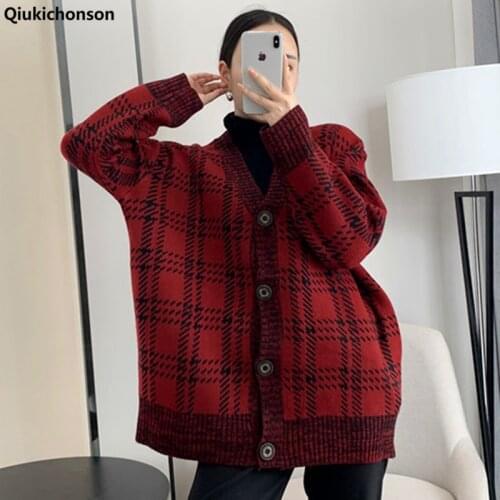 Oversized Women Plaid Cardigans Knitted Thick Autumn Winter Korean Vintage Loose Button Up Long Cardigan Tops Ladies gardigan