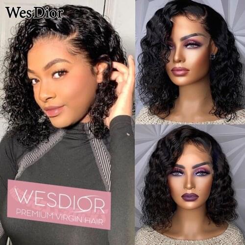 Curly Short Bob Lace Front Human Hair Wig Pre Plucked For Black Women Glueless Deep Wave Wig Remy 13x1 T Part Lace Front Wigs