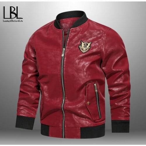 Mens Casual Leather Zipper Jackets Coats Male Stand Collar Bomber Motorcycle Jackets Man Fashion Slim Fit Jackets Autumn Winter