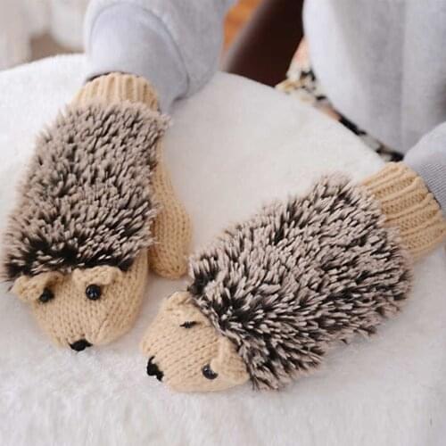 Cute Cartoon Animal Hedgehog Autumn Thick Warm Winter Gloves Students Ladies Girls Kawaii Full Finger Knitted Female Gloves