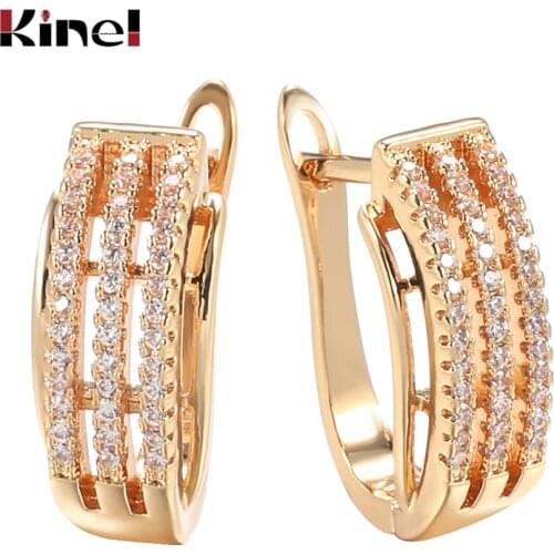 Kinel Trendy 585 Rose Gold Stud Earrings For Women Geometry Three Rows Paved Natural Zircon Stud Earring Party Wedding Jewelry