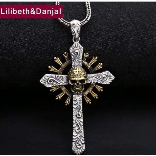 Men Necklace 925 Sterling silver Jewelry Vintage Punk Skull Cross Fox Chain Pendant Necklace Gift Fine Jewelry FN37