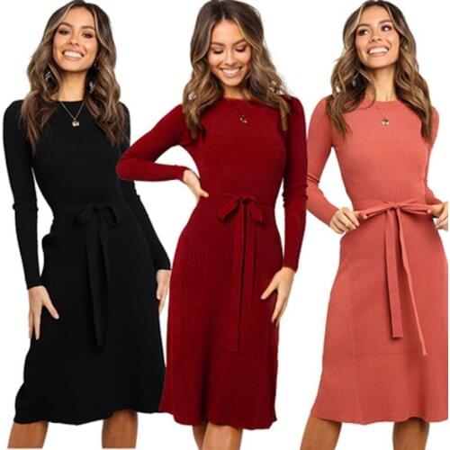 Solid Color Winter Casual Party Dresses Women Long Sleeve Belt Black Red Dress 2020Autumn Ladies Stretch Bandage Midi Work Dress