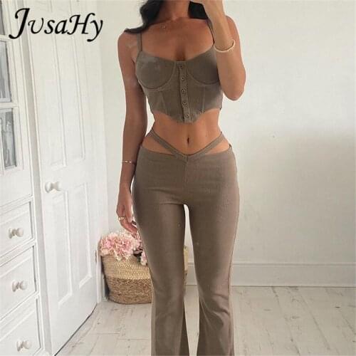 JuSaHy Autumn Solid Casual Elegant Womens Two Pieces Sets Tank Crop And Flare Pants Matching Outfits Simple Streetwear New