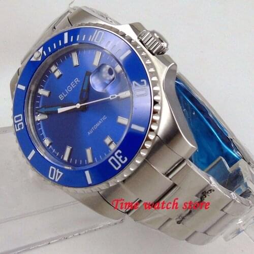Luxury BLIGER 43mm mechanical auto watch men waterproof stainless steel blue dial luminous sapphire ceramic bezel Miyota 174