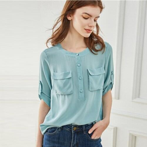 100% Silk Shirt Women Patchwork Two Pocket Simple Design O Neck Knitted Short Sleeve Solid Casual Top New Fashion