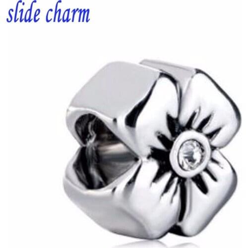 Slid charm Free shipping White crystal flower charm beads fit Pandora bracelet