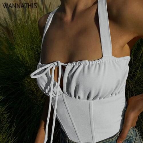 WannaThis Sleeveless Camis Women Lace up Ruched Tank Top Women Summer 2021 Casual Elegant Crop Top Bandage Backless Solid Color