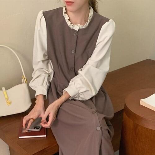 Vintage Elegant Spring Party Dress Ruffles Korean Long Sleeve Single Breasted Long Dress Women Patchwork Loose Office Lady