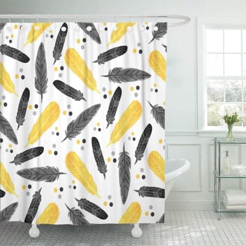Colorful Pattern Watercolor Black and Yellow Feathers for Celebration Shower Curtain Waterproof Polyester Fabric 60 x 72 Inches