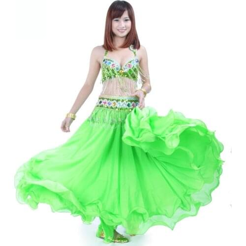 Performance Green Women Dancewear Professional 3pcs Outfit Bra Belt Skirt Long Oriental Beaded Belly Dance Costume