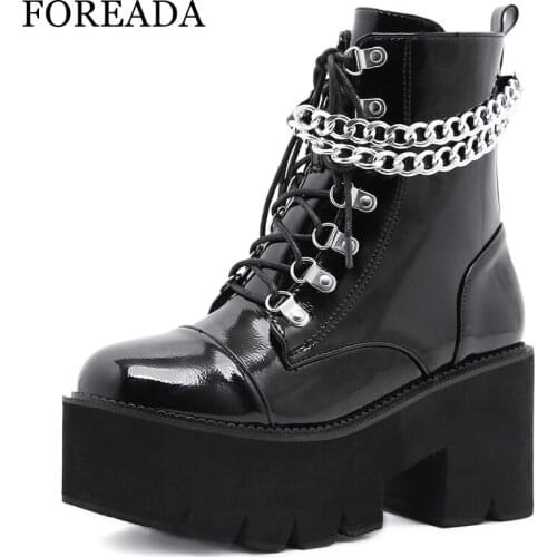 FOREADA Women Punk Style Ankle Boots Platform Thick High Heel Shoes Chain Round Toe Zipper Ladies Short Boots Autumn 35-43 Black