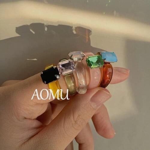 AOMU 2020 New Colorful Transparent Crystal Rings Geometric Glazed Glass Rings for Women Girls Korea Fashion Ring Jewelry Gifts