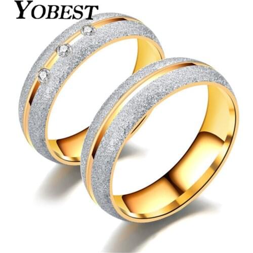 YOBEST couple engagement ring for women men sand blasted gold-color stainless steel CZ wedding rings jewelry