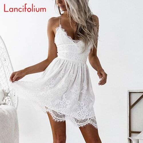 Sexy V Neck Cami White Lace Mini Dress Women Summer Ladies Spaghetti Strap Lace Up Backless Black Night Club Party Dress Femme