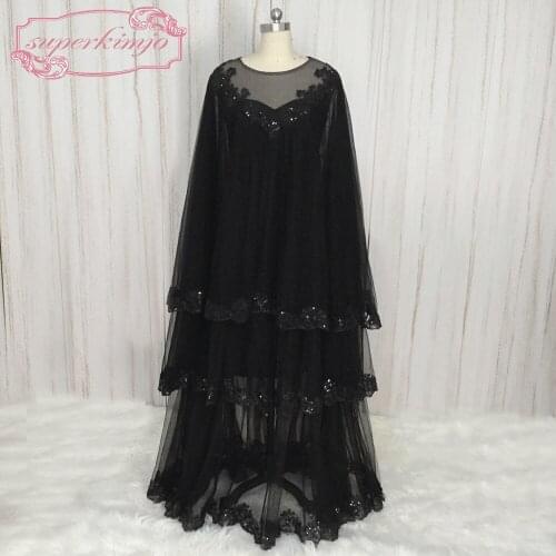 SuperKimJo Muslim Kaftan Black Arabic Evening Dresses Dubai Lace Applique Crystal Formal Dresses Vestido De Gala