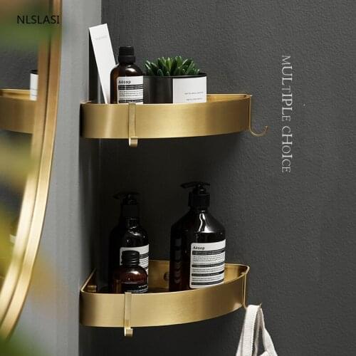 Golden Aluminum Bathroom Shelf Shower Kitchen Organizer Sucker Wall Mounted Corner Shelf Kitchen Organizer with Hook Punch-free