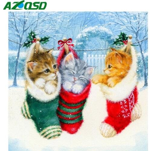 AZQSD Diamond Art Embroidery Cat Sock Snow Rhinestones Mosaic Diamond Painting Christmas Animal Cross Stitch Home Decoration