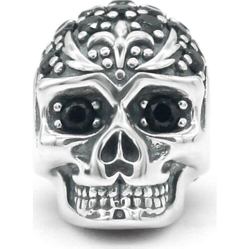 925 Sterling Silver Skull Head Bead with Black Cubic Zircon Stone Skeleton Charm fit Pandora Origianl Bracelet Silver 925 DIY Je