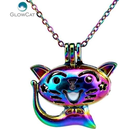 C758 Rainbow Color Cute Smile Cat Beads Cage Pendant Aroma Essential Oil Diffuser Locket Necklace