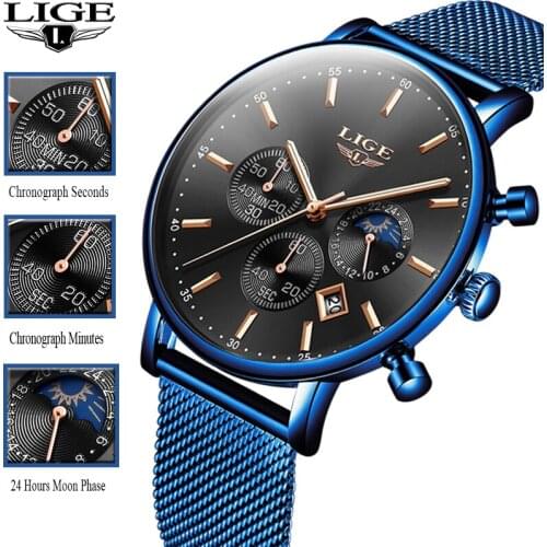 LIGE Watches Mens Top Brand Luxury Blue Casual Mesh Belt Watch Fashion Sport Watch Men Waterproof Quartz Clock Relogio Masculino